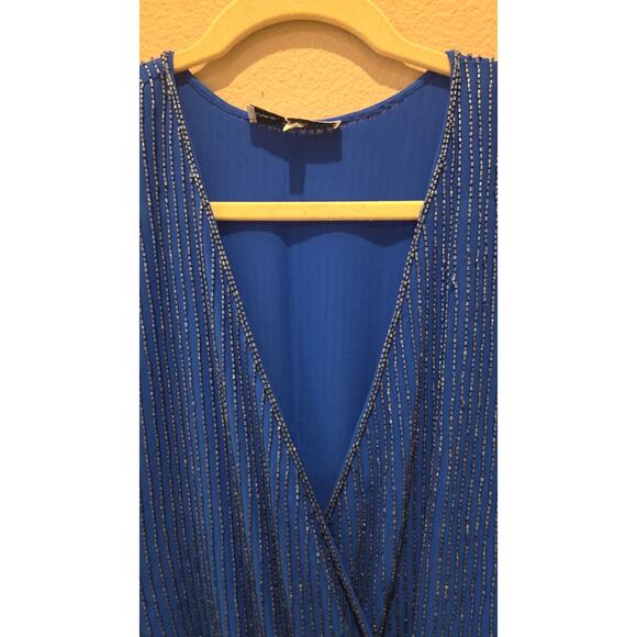 Karina Grimaldi Garda Women's Beaded Wrap Dress Blue Knee Length Size S - Picture 5 of 8